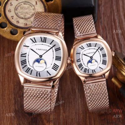 Rose Gold Cartier Drive De Quartz Watches with Moonphase Face